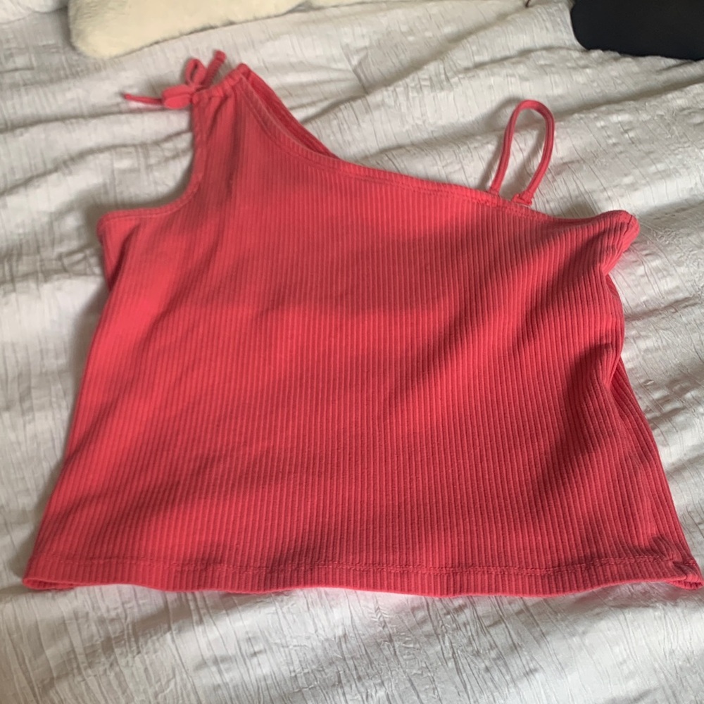 kids Coral Ribbed One-Shoulder Top